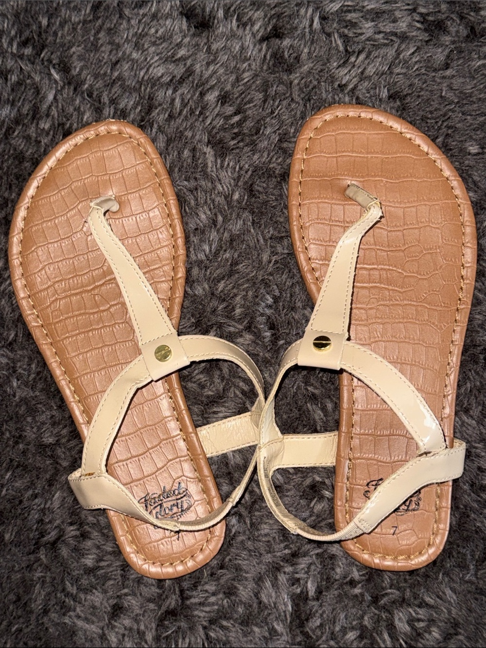 Faded Glory Beige and Brown T-Strap Sandals